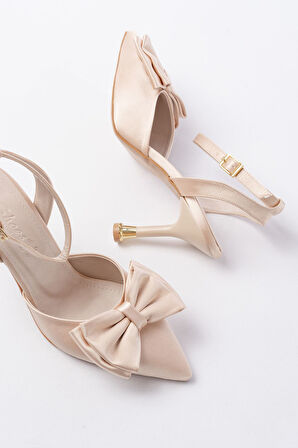 İNF-4505 Bej Saten Günlük Arkası Açık Kurdele detaylı Topuklu Kadın Ayakkabı
