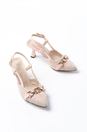 K-250 Pudra Keten Günlük Arkası Açık Tokalı Topuklu Kadın Ayakkabı