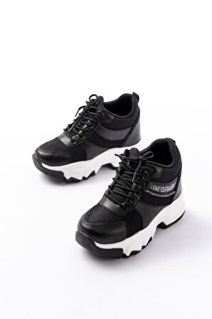 F-209 Siyah Bağcıklı Fileli Taş Aksesuarlı Günlük Spor Ayakkabı