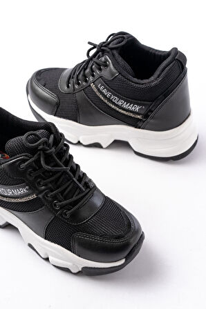 F-209 Siyah Bağcıklı Fileli Taş Aksesuarlı Günlük Spor Ayakkabı