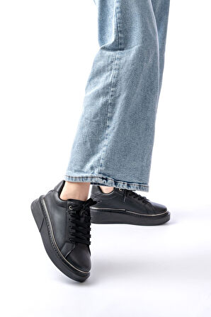 RS-2435 Siyah Platin Bağcıklı Dikişli Günlük Spor Ayakkabı