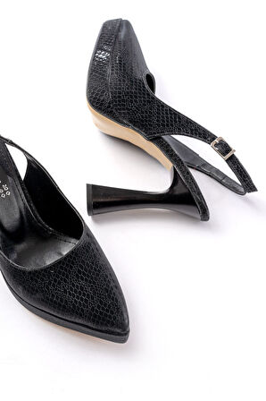 B-2101 Siyah Günlük Arkası Açık Yılan Desenli Topuklu Kadın Ayakkabı