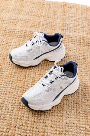 F-329 Beyaz Günlük Bağcıklı Lacivert Desenli Yazlık Spor Ayakkabı