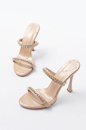 A-50 Kadın Bej Rugan Taşlı Platformlu Topuklu Terlik