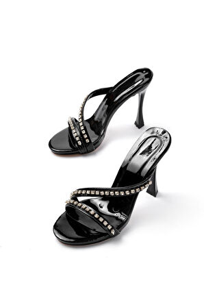 A-60 Kadın Siyah Gümüş Taşlı Platformlu Topuklu Terlik