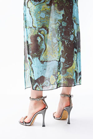 A-30 Platin Taş Aksesuarlı Platformlu Topuklu Kadın Terlik