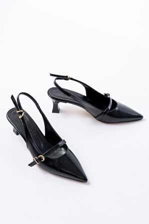 H-470 Siyah Rugan Baret Tokalı Arkası Açık Günlük Kadın Sandalet