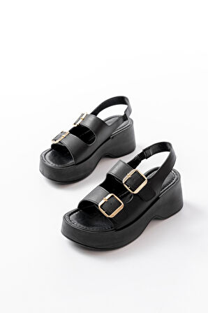 24414-572 Siyah Tokalı  Günlük Dolgu Topuk Kadın Sandalet