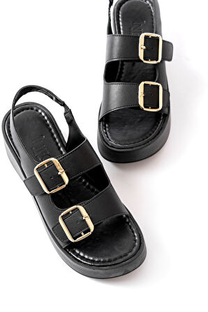 24414-572 Siyah Tokalı  Günlük Dolgu Topuk Kadın Sandalet