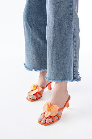 S-622 Orange Orkide Detaylı İnce Topuklu Kadın Terlik