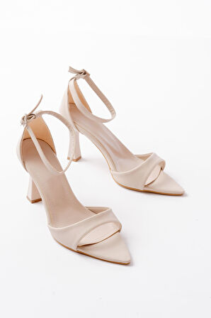 718 Bej Cilt Sivri Burunlu Topuklu Bilekten Bağlamalı Kadın Ayakkabı