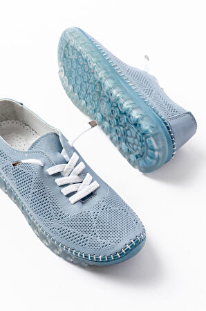 S-365  Mavi Desenli Hakiki Deri Şeffaf Taban Kadın Spor Ayakkabı