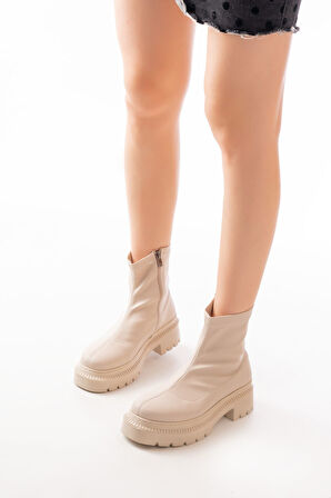 236-2011 Bej Streç Fermuarlı Günlük Kadın Bot