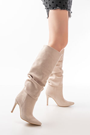 SYT-2003 Bej Süet Körüklü İnce Topuklu Günlük Kadın Çizme