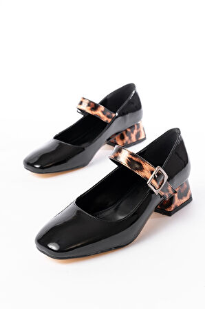 ST-006 Siyah Leopar Rugan Günlük 4 cm Topuklu Kadın Ayakkabı