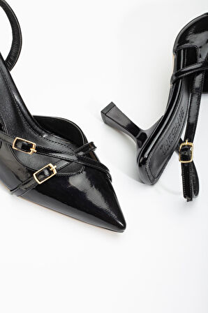 ST-005 Siyah Rugan Günlük 7 cm Topuklu Kadın Ayakkabı