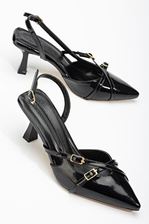 ST-005 Siyah Rugan Günlük 7 cm Topuklu Kadın Ayakkabı