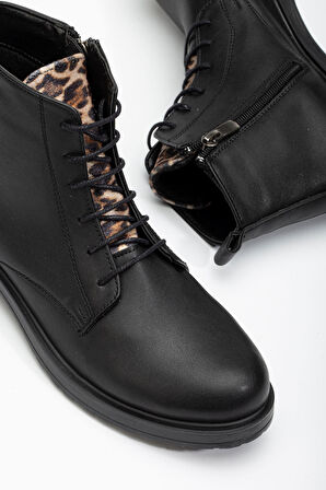 165-225 Siyaha Leopar Bağcıklı Fermuarlı Günlük Kadın Bot
