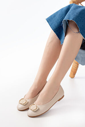 İNF-325 Bej Tokalı Aksesuarlı Günlük Kadın Babet