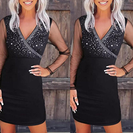 Kadın Uzun Kollu Kruvaze Yaka üst Kısım Taşlı Detay Krep Mini Boy Elbise