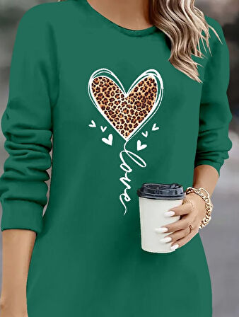 Kadın Uzun Kollu Bisiklet Yaka Kalp Desenli Kısa Viskon Elbise