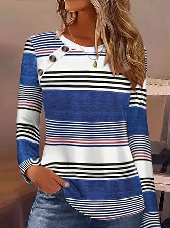 Kadın Uzun Kollu Bisiklet Yaka Düğme Detaylı Desenli Süprem Bluz