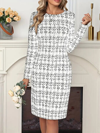 Kadın Uzun Kollu Bisiklet Yaka Desenli Dalgıç Kısa Elbise