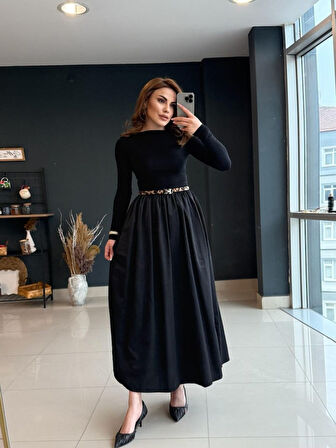 Kadın Uzun Kollu Bisiklet Yaka Uzun üst Viskon Alt Trikoton Elbise