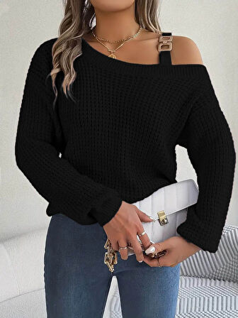 Kadın Uzun Kollu Tek Omuzu Açık Tokalı Triko Bluz