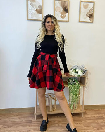 Kadın Uzun Kollu Bisiklet Yaka üst Viskon Alt Ekose Kısa Elbise