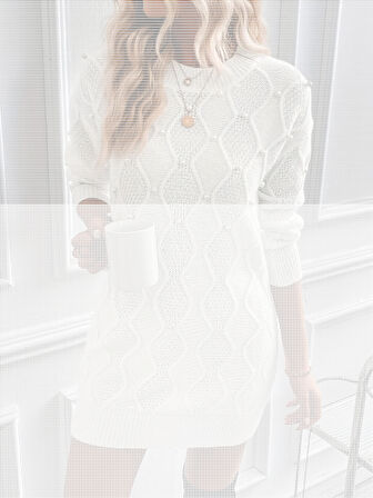 Kadın Uzun Kollu Bisiklet Yaka Desenli Triko Elbise