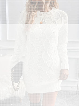 Kadın Uzun Kollu Bisiklet Yaka Desenli Triko Elbise