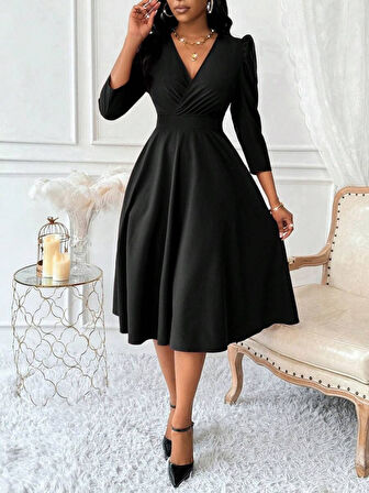 Kadın Uzun Kollu Kruvaze Yakalı Kiloş Ithal Krep Elbise