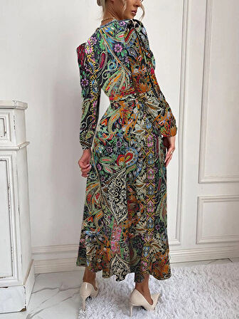 Kadın Uzun Kollu Kruvaze Yakalı Belden Kuşaklı Leopar