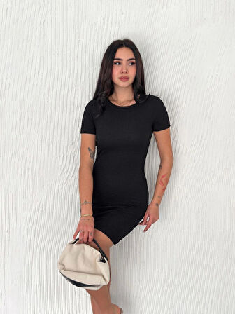 Bisiklet Yaka Kısa Kol Likralı Elbise - Siyah