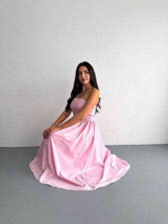 Straplez Pileli Elbise - Pembe