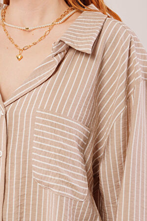 Çizgi Detaylı Cepli Camel Gömlek