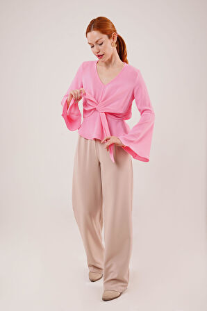 Ön Bağlamalı Volan Kol Pembe Bluz