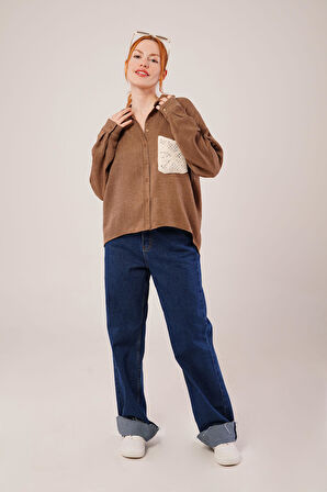 Etnik Cep Detaylı Kahverengi Gömlek