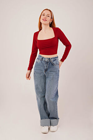 Kare Yaka Basic Bordo Bluz