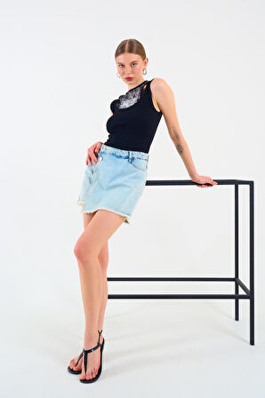 İçi Baskılı Halter Yaka Kaşkorse Atlet - Siyah