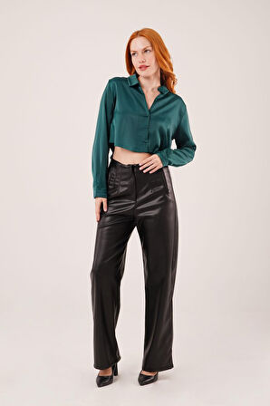 Saten Crop Model Yeşil Gömlek