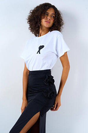 Yandan Büzgülü Güllü Etek - Siyah