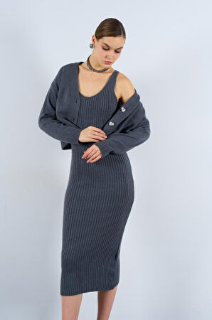 Fitilli Elbise Hırkalı Takım - Füme