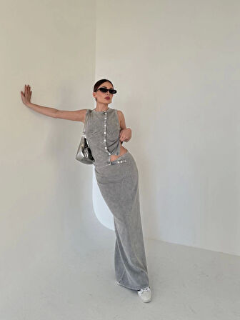 Uzun Etekli Önü Düğmeli Badi İkili Takım- Gri