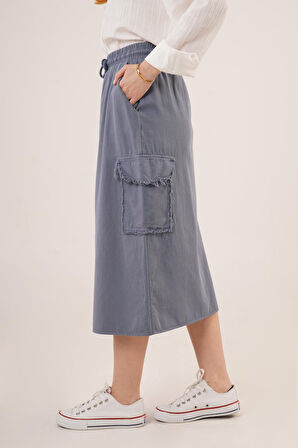 Ön Yırtmaçlı Cep Detaylı İndigo Etek