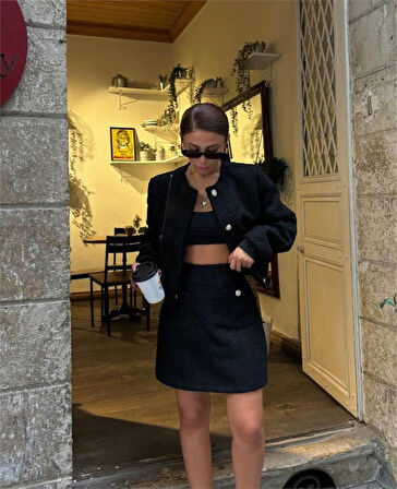 CHANEL CROP CEKET-KISA ETEK TAKIM - Siyah