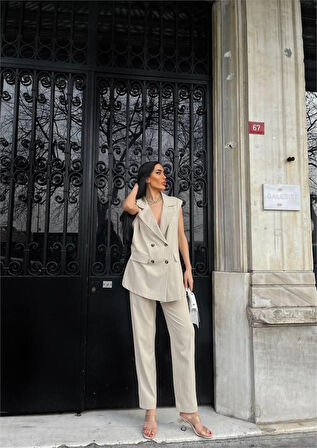 ÇİZGİLİ UZUN YELEK - PANTOLON TAKIM POLVİSCON - Bej