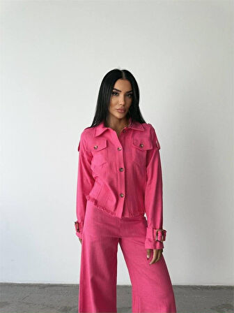 KETEN PÜSKÜL DETAYLI GÖMLEK-PANTOLON TAKIM - Fuşya