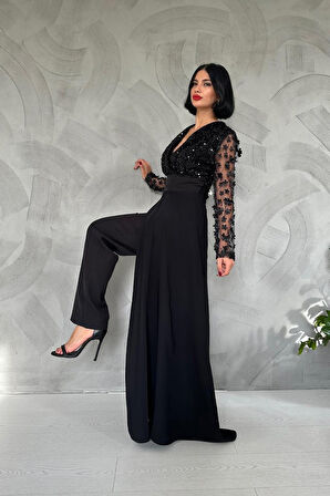 Siyah Kolları Tül Etekli Tulum